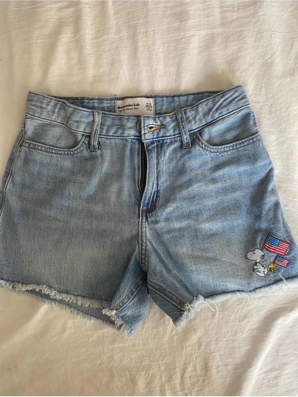 abercrombie kids Light Blue Denim Shorts with Snoopy & Flag Patch